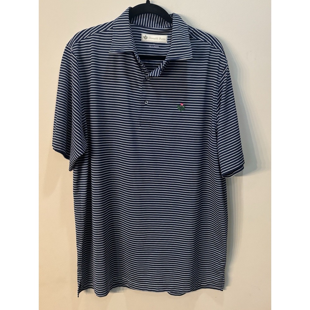 Donald Ross Golf Polo Shirt Mens L Blue Striped 3-Button Collared Short Navy